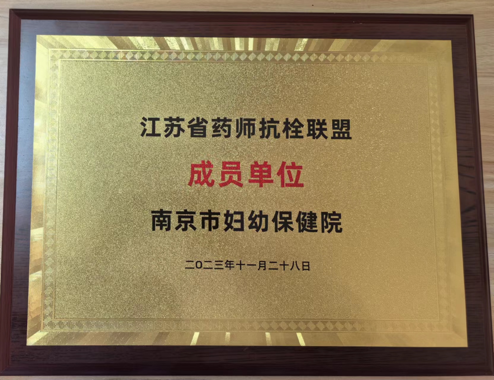 C:\Users\Administrator\Desktop\all\4雜項(xiàng)\其他\醫(yī)院榮譽(yù)\2023年榮譽(yù)獎(jiǎng)牌（獎(jiǎng)狀）照片\江蘇省藥師抗栓聯(lián)盟成員單位（2023.11.28）.jpg